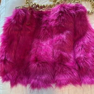 Betsey Johnson HotPink FauxFur Shoulder Bag-Gold Chain Strap -RosePrint Lining